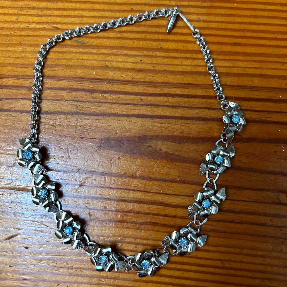 Vintage Silver Tone Blue Rhinestone Floral Link Necklace Hook Clasp Mid-Century